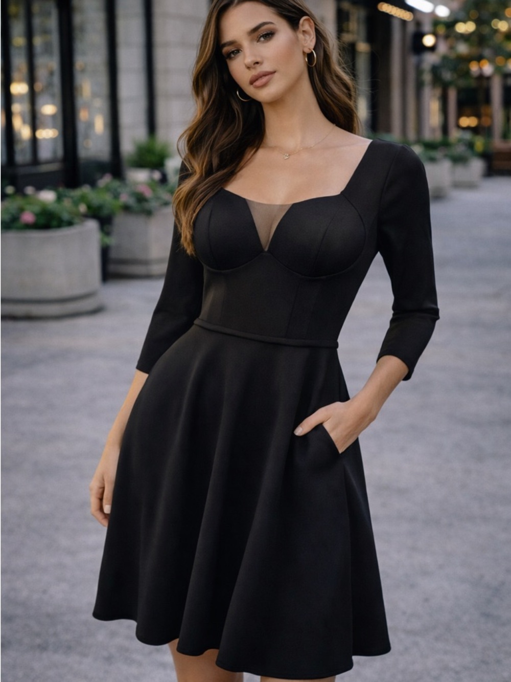 Azazie Black Cocktail Dress A8 3/4 Sleeve Fit & Flare NWT Elegant